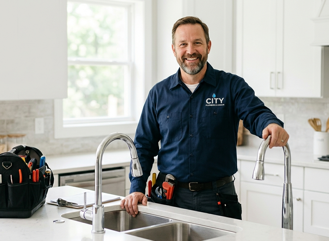 Plumber fixing pipes under a sink